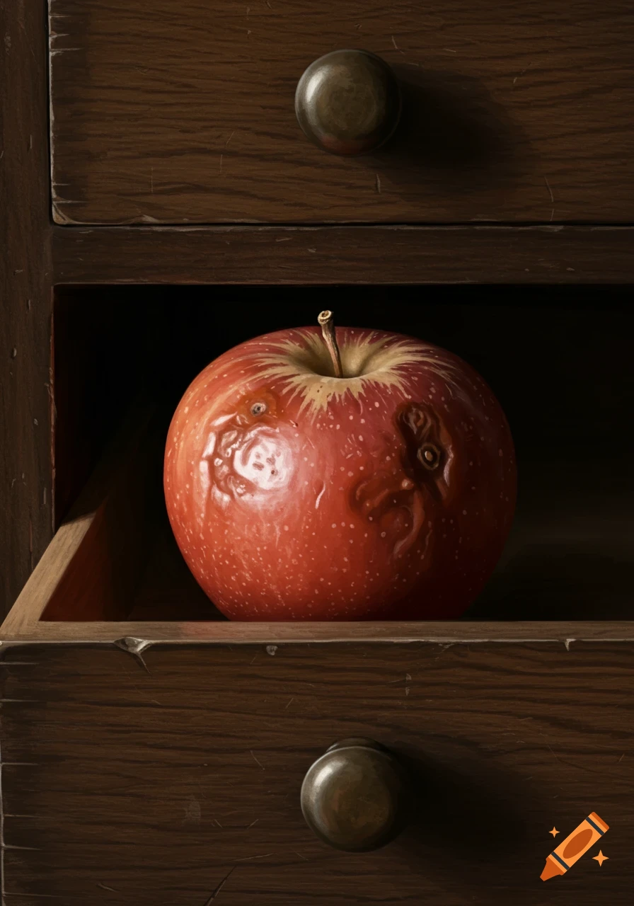 A slightly rotting red apple rests in an open wooden drawer