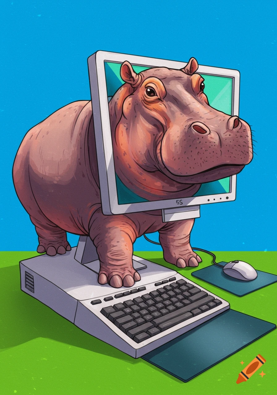 Illustration of a hippo with its head coming out of a computer monitor, standing on a keyboard.