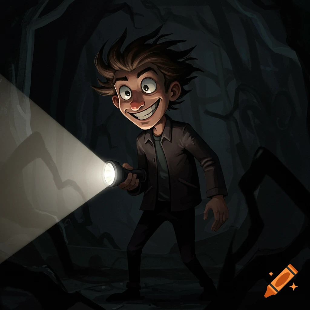 Cartoon man with flashlight in dark spooky forest.