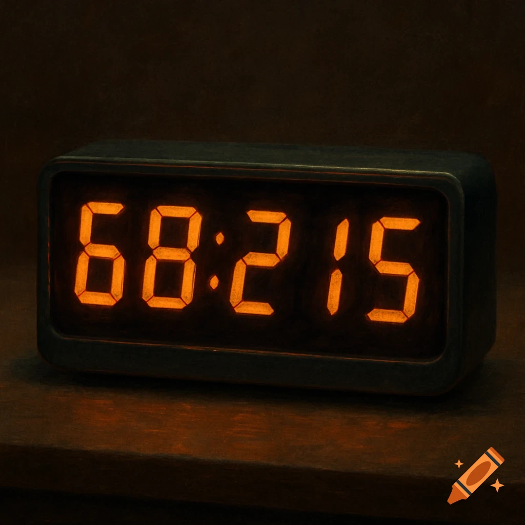 A digital clock displaying the numbers 68:215.