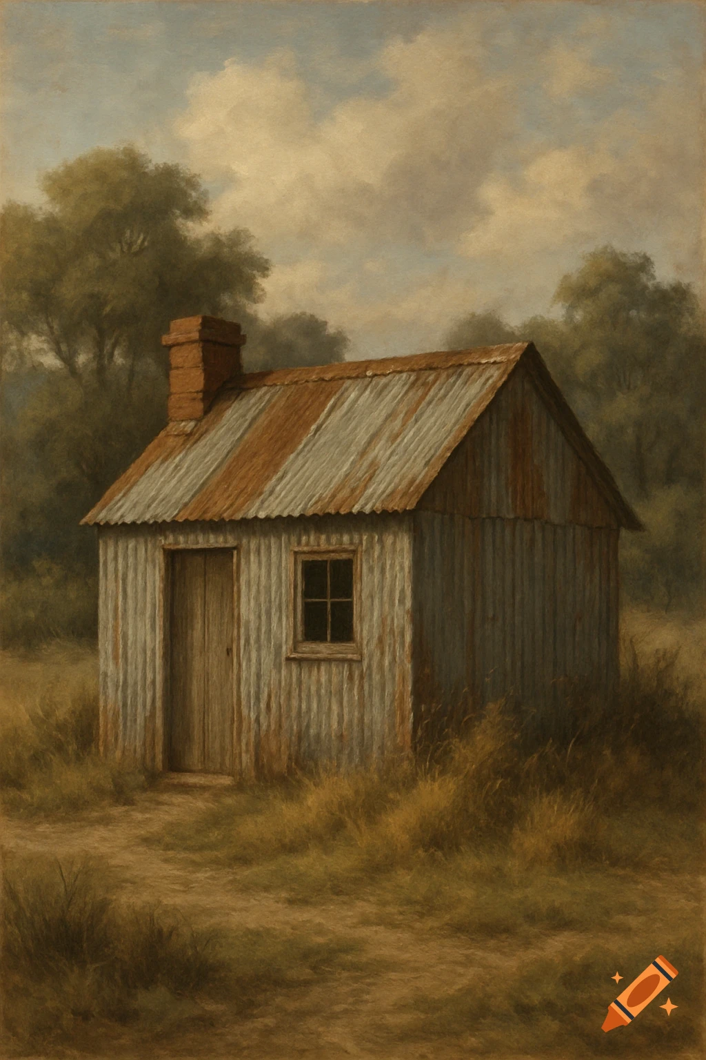 A rusty tin hut with a chimney stands in a field under a cloudy sky.