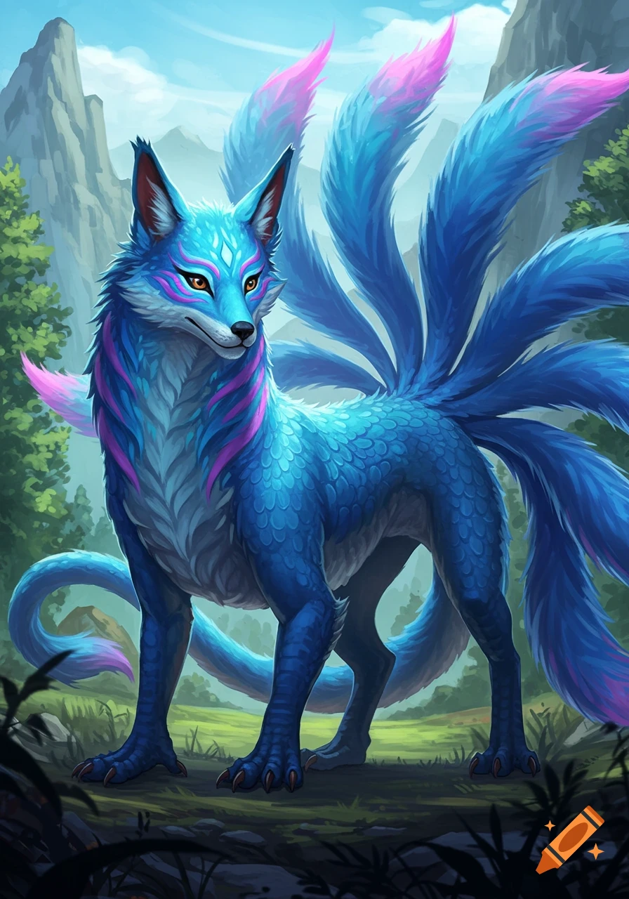 A blue and purple fantasy creature with multiple tails stands in a forest.