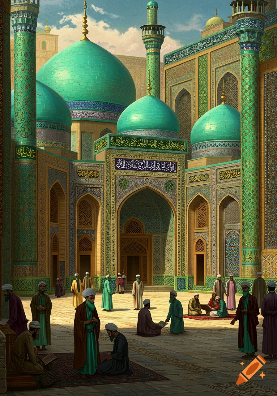 Painting of a mosque courtyard with ornate tilework, turquoise domes, minarets, and people.