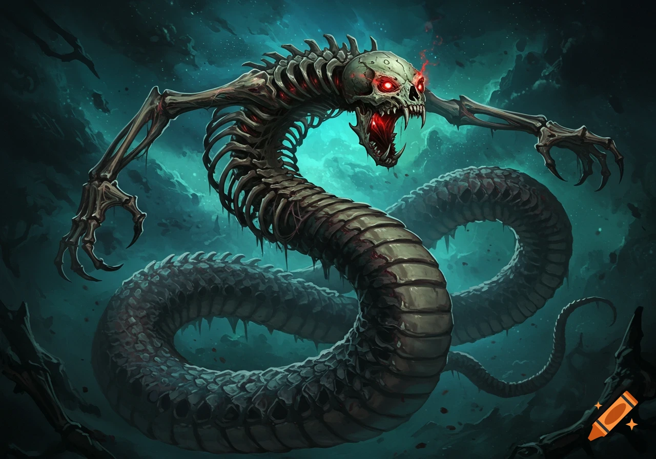 A skeletal snake monster with a skull head and arms.