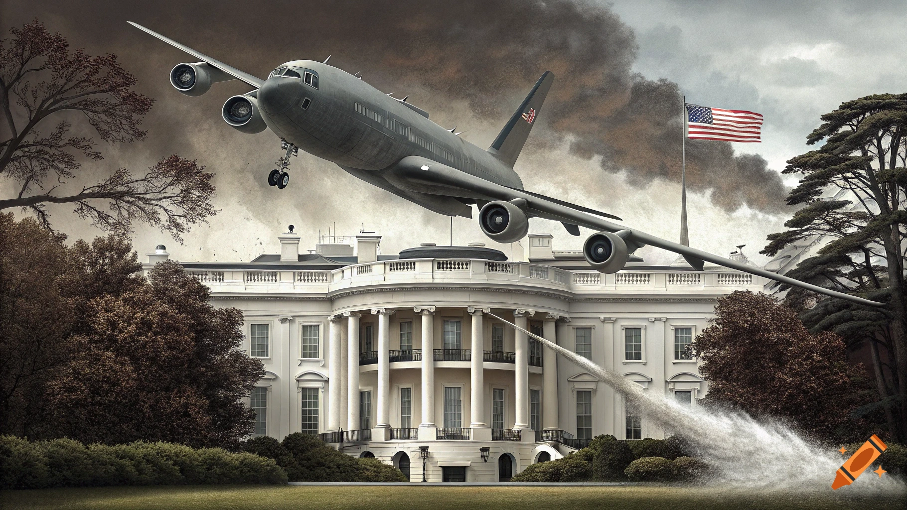 A large gray airplane flies extremely low over the White House, with smoke in the background and water spraying from the building.