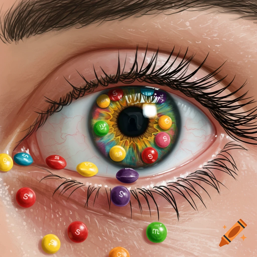 Close-up digital illustration of an eye with colorful candies on the eyelid and in the iris.