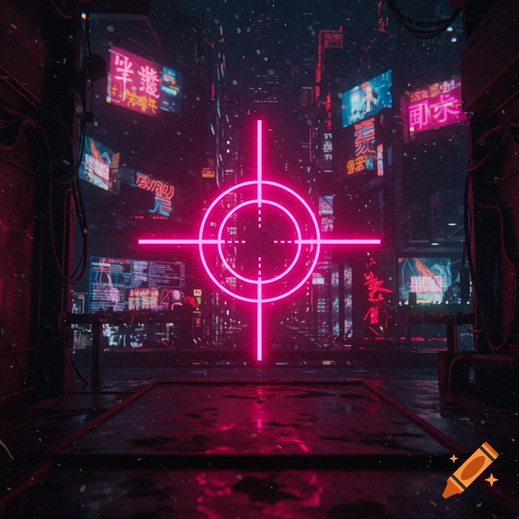 Pink crosshair overlayed on a dark cyberpunk street with neon signs and rain
