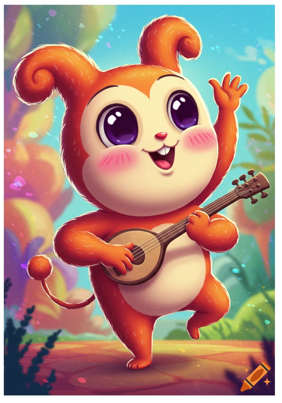 A cute orange cartoon creature plays a ukulele and waves.