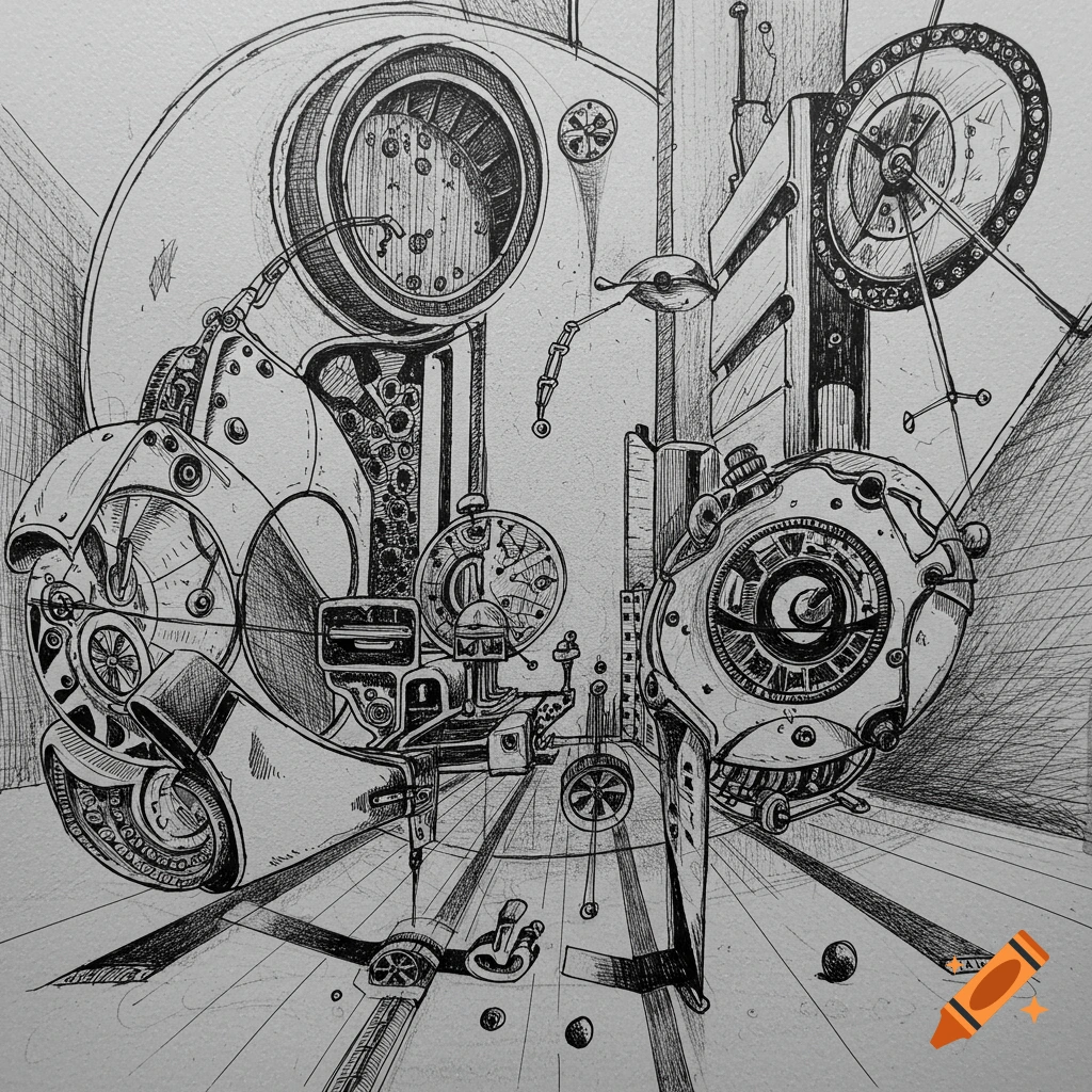 Detailed black and white sketch of abstract mechanical structures in perspective