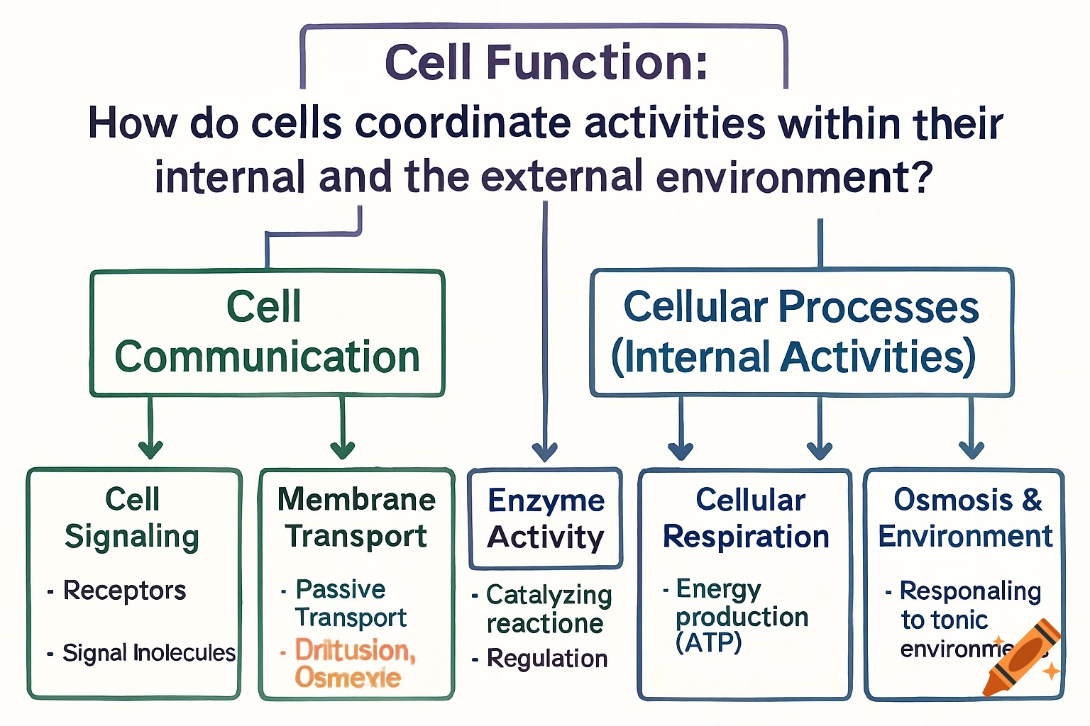 A flow chart explaining cell function, communication, and internal processes.
