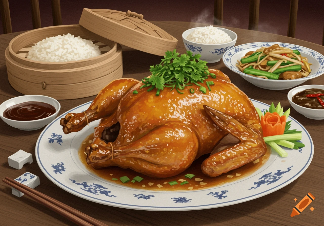 A detailed illustration of a roasted chicken on a plate with rice, sauce, and vegetables on a wooden table.