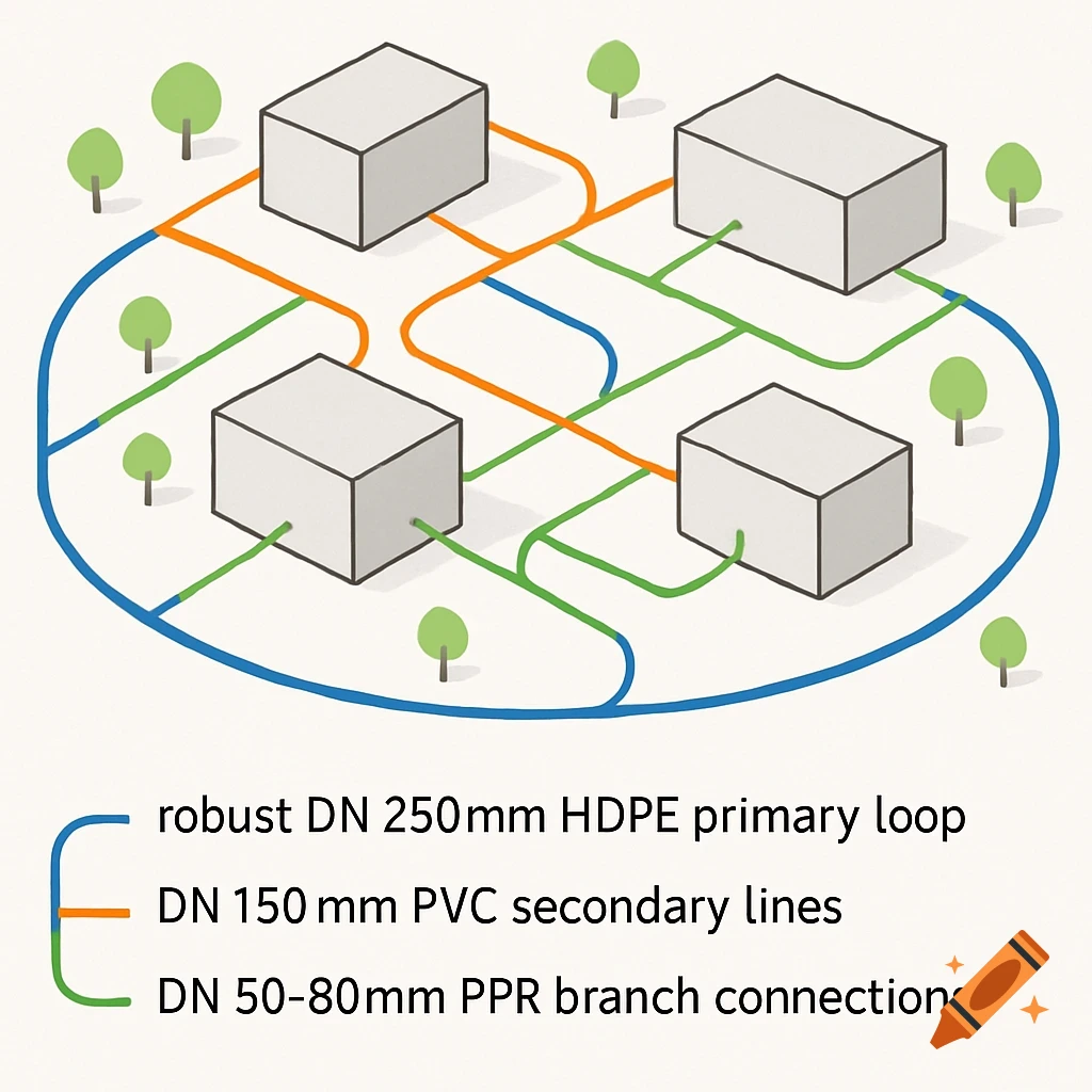 Diagram of a water distribution network connecting buildings with colored lines representing pipes, labeled below.