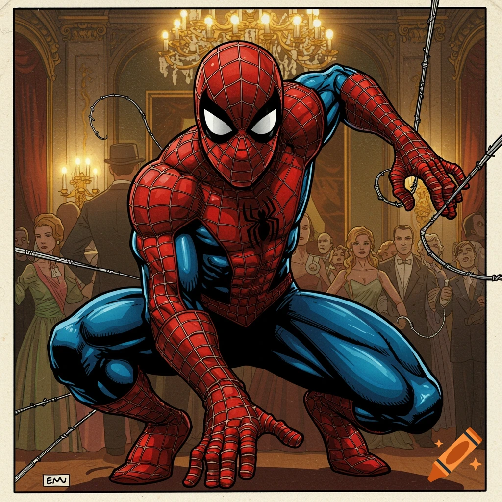 Spider-Man crouches in a ballroom full of people, comic book illustration style.