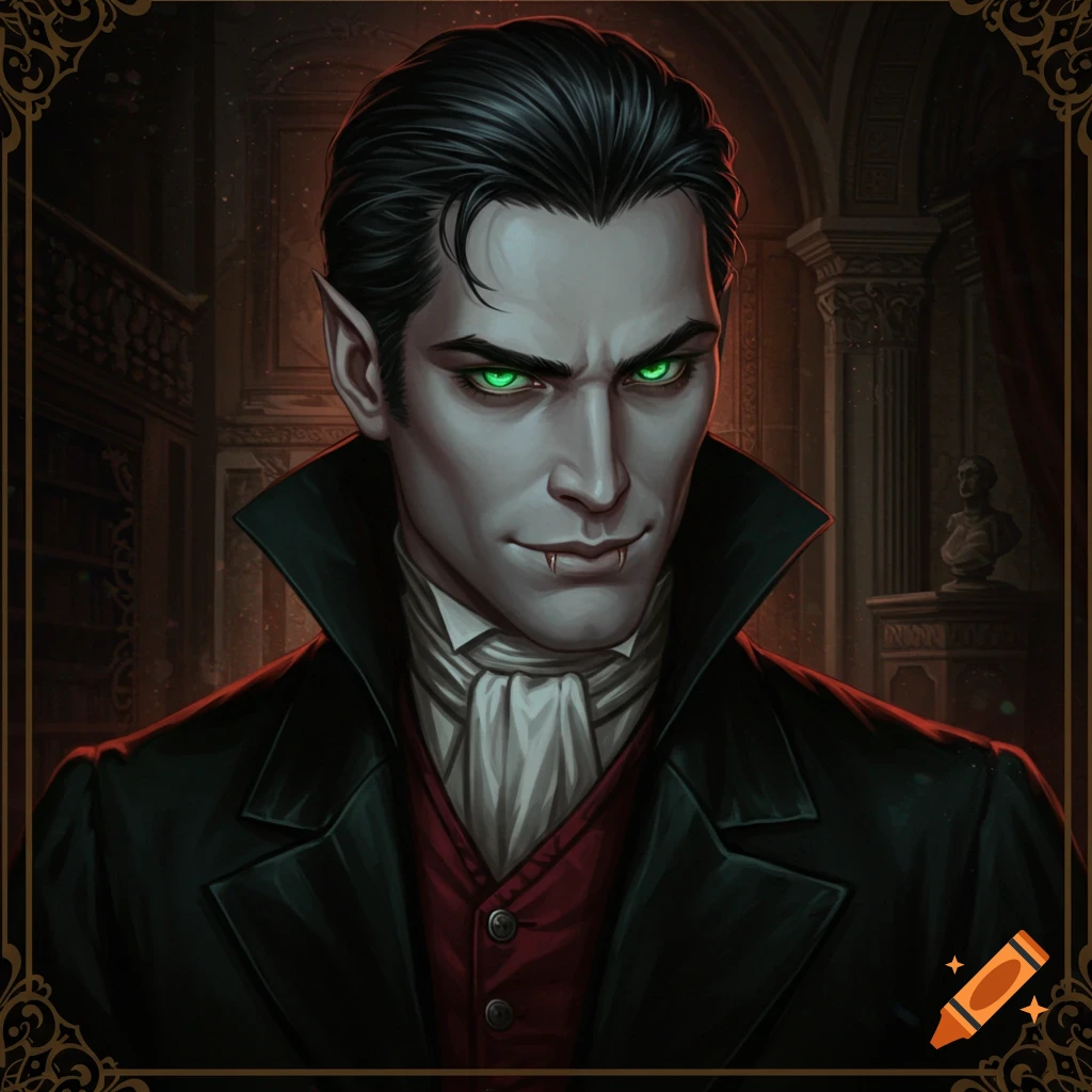 Portrait of a male vampire with green eyes and fangs in a library.