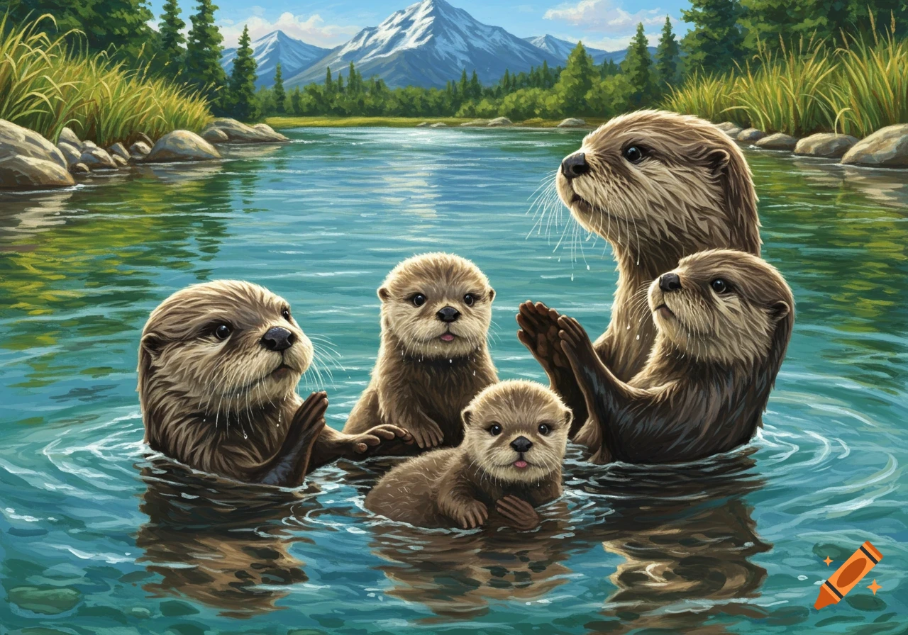 Several otters swimming in a river with mountains and trees.