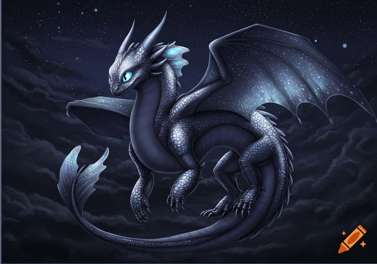 A dark blue dragon with silver scales and glowing blue eyes flies against a starry night sky.