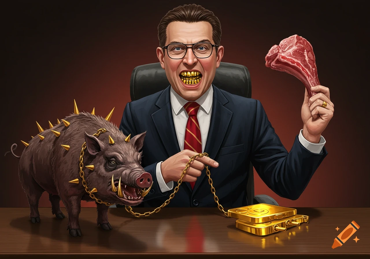 Illustration of a stylized man with gold teeth, holding a pig on a leash and a meat bone, sitting at a desk.