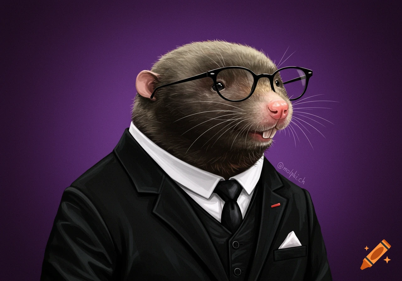 A mole rat wearing a black suit and glasses on a purple background.