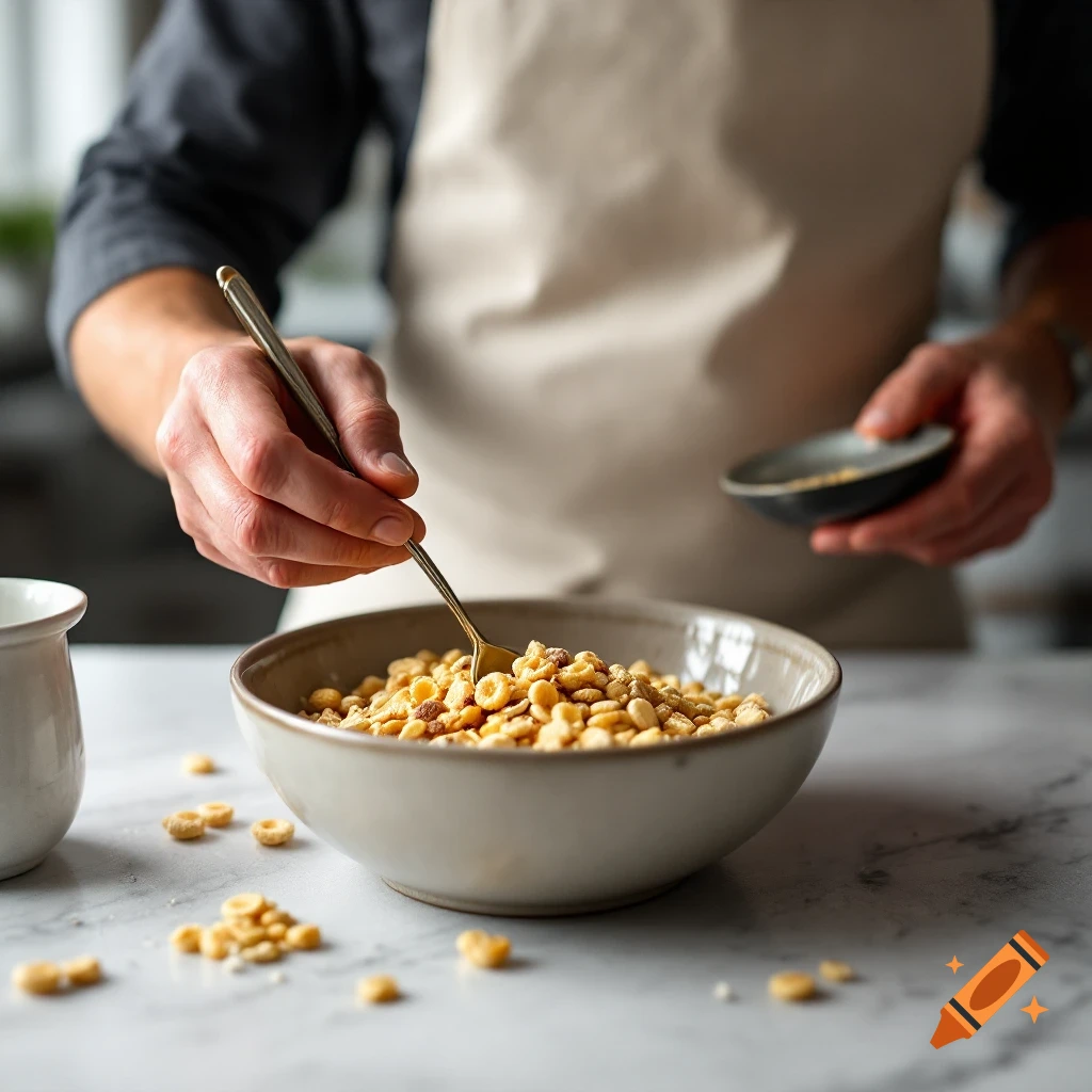 Close-up of a person mixing cereal in a bowl with a spoon.