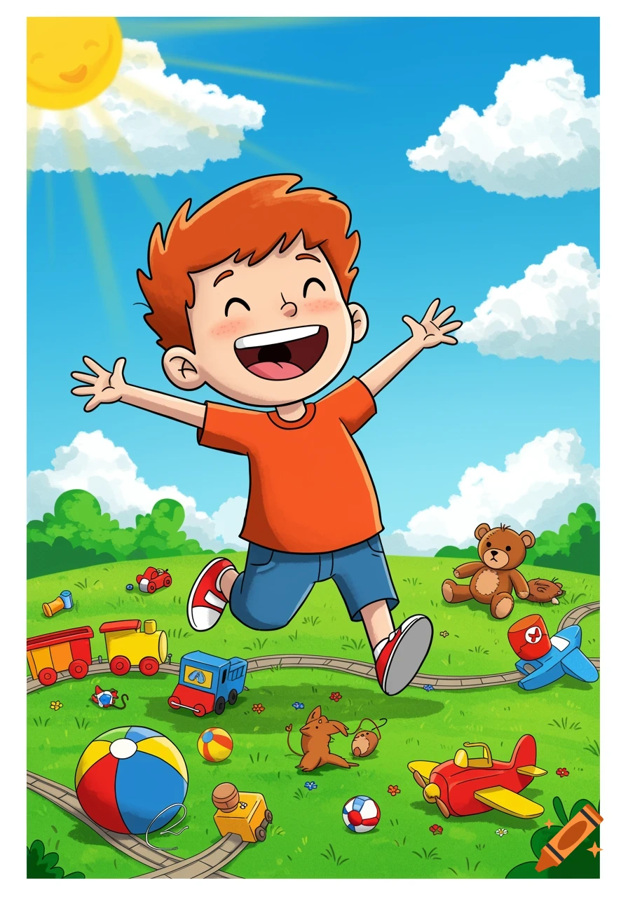 A happy cartoon boy with red hair runs with outstretched arms among toys on green grass under a sunny blue sky.