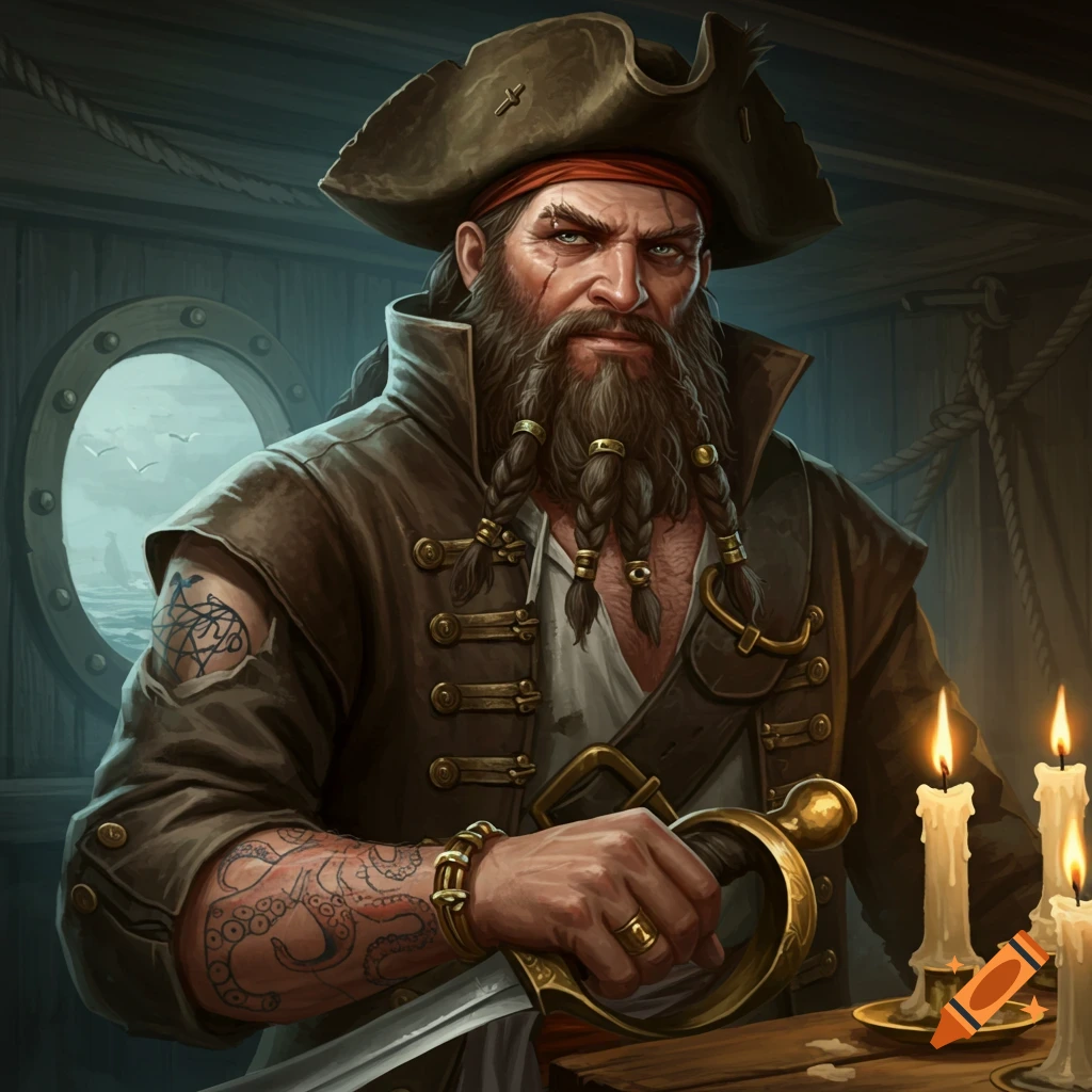 A rugged pirate captain with a beard, braids, tattoos, and a sword stands on a ship.
