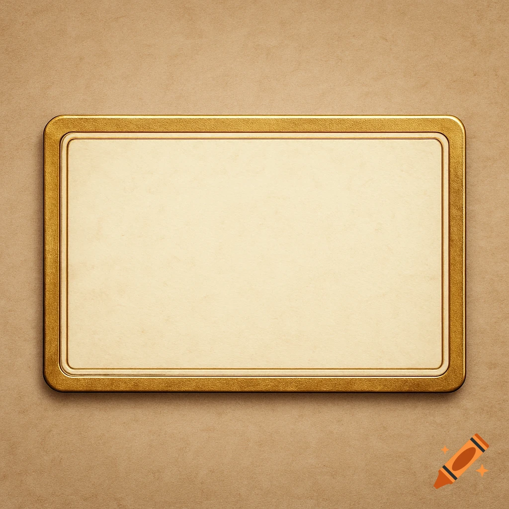 A blank rectangular membership card or plaque with a textured gold border, centered on a neutral textured background.