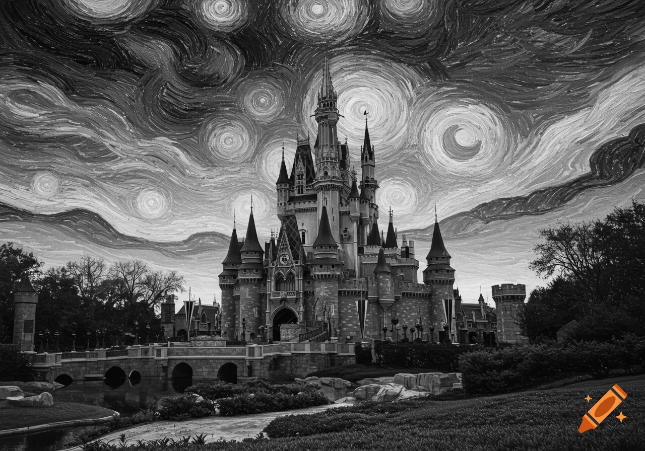 Black and white image of a castle in the style of Van Gogh's Starry Night.