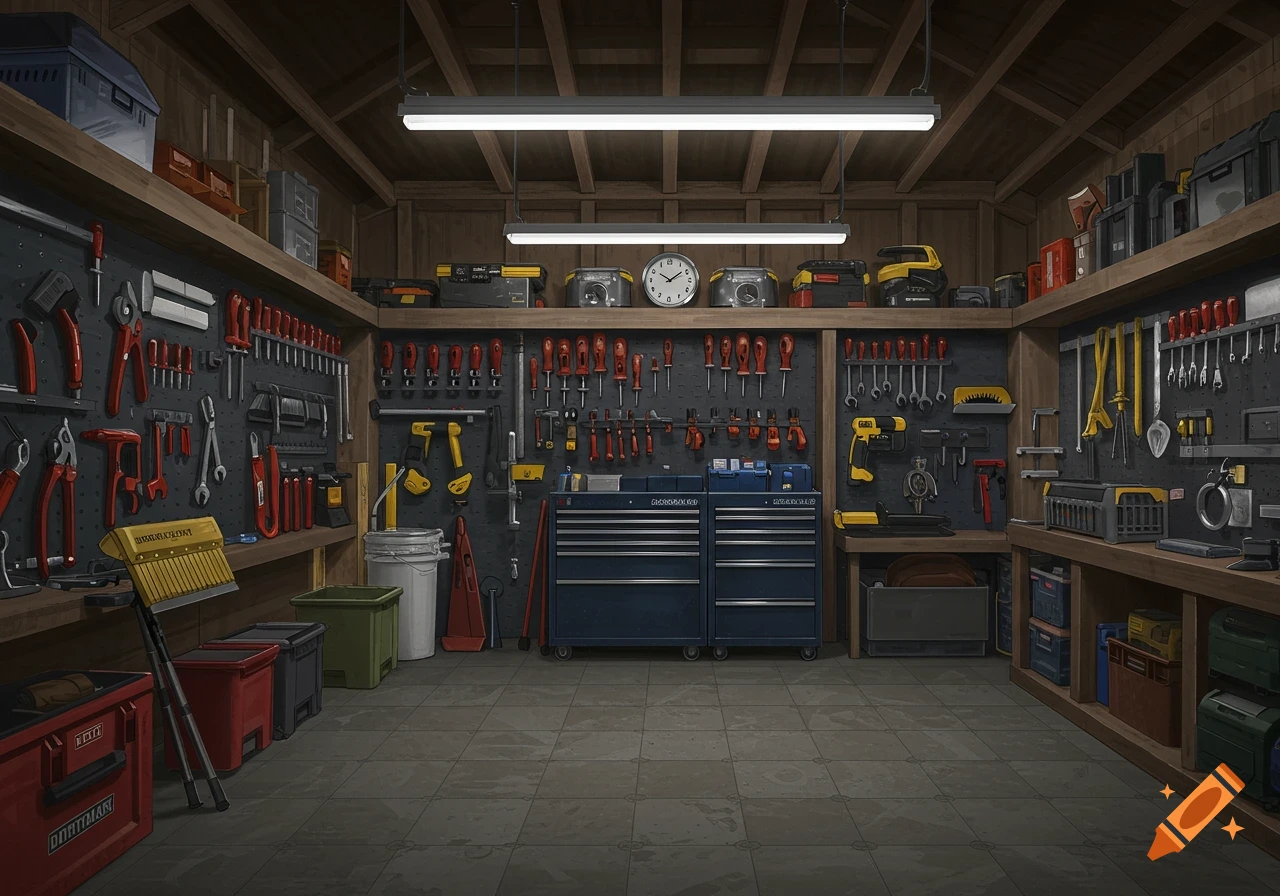 Inside a clean, organized garage workshop with tools hanging on walls and stored in toolboxes.
