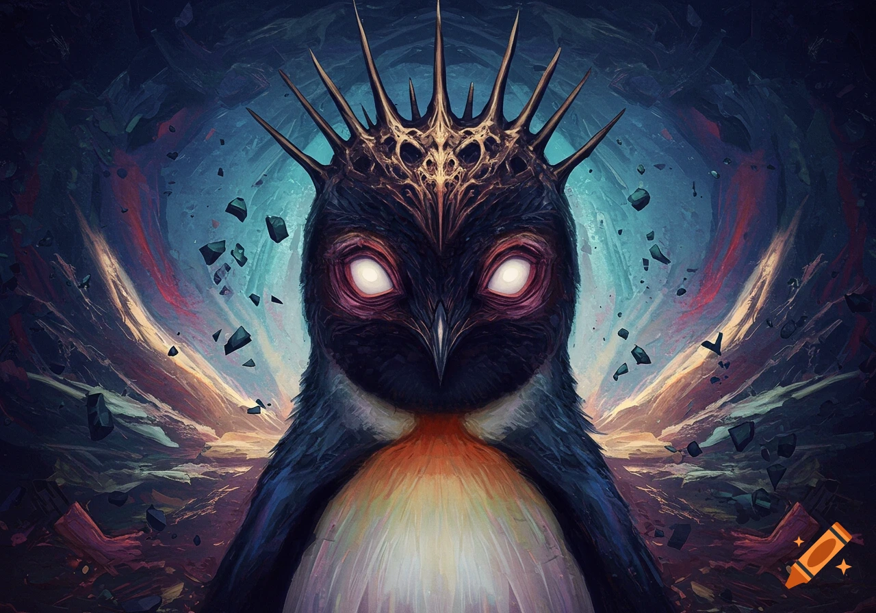 Distorted, dark fantasy art of an unsettling penguin god with glowing eyes and spiky crown in an abstract environment.