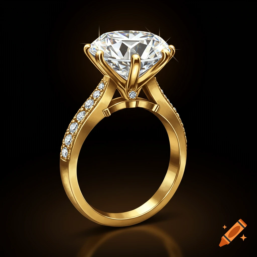 A detailed gold diamond ring with a large center stone and paved band on a dark background.