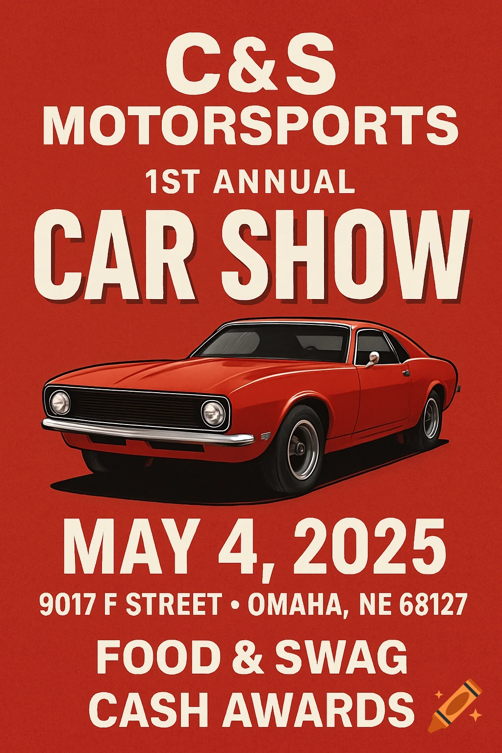 A red flyer for the C&S Motorsports 1st Annual Car Show featuring a classic red sports car.