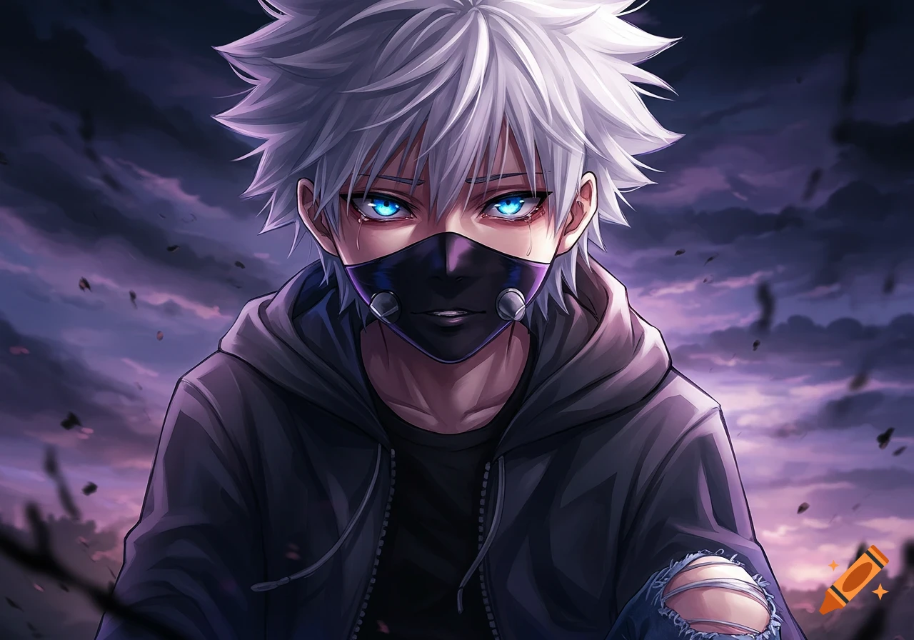 Anime portrait of a boy with white hair, glowing blue eyes, and a black mask against a dark, cloudy sky.