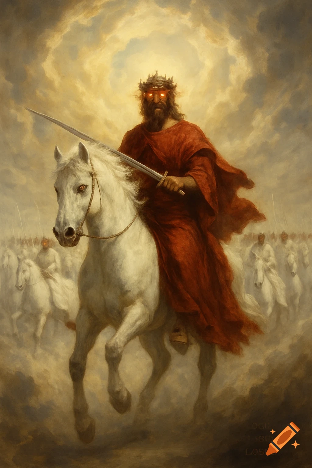 A figure with glowing eyes on a white horse leading an army in the clouds.