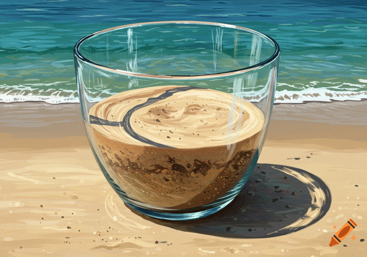 Illustration of a glass filled with sand and dirt layers on a beach.