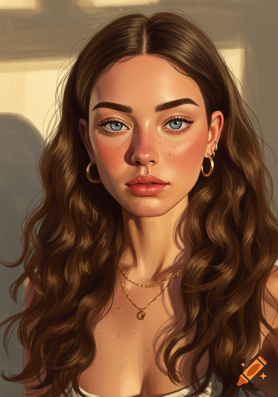 A young woman with long brown hair, blue eyes, and freckles, wearing gold jewelry.
