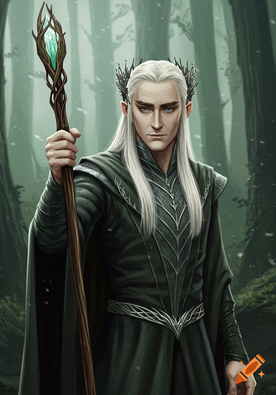 A male elf with white hair and a crown holds a glowing staff in a forest.