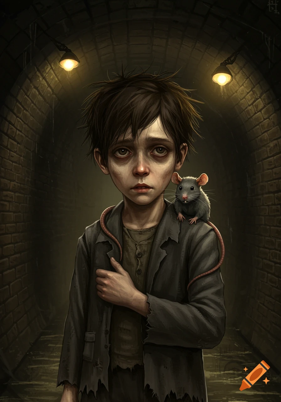 A scruffy orphan boy with a pet rat on his shoulder stands in a dark, brick underground tunnel, digital painting.
