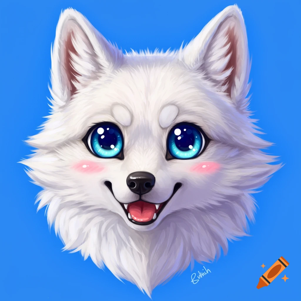 Close-up portrait of a fluffy white wolf or fox face with big blue eyes and pink cheeks in chibi cartoon style