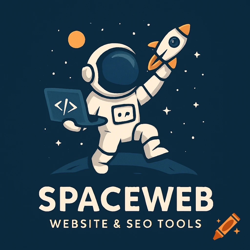 Stylized illustration of an astronaut holding a laptop and rocket in space with the text SPACEWEB WEBSITE & SEO TOOLS