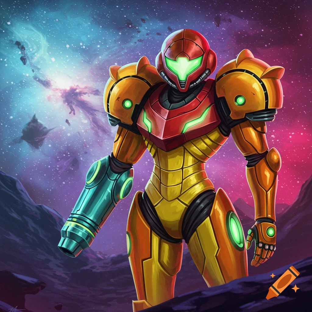 Samus Aran in her orange and red power suit, standing on an alien landscape with a nebula and asteroids in the background.