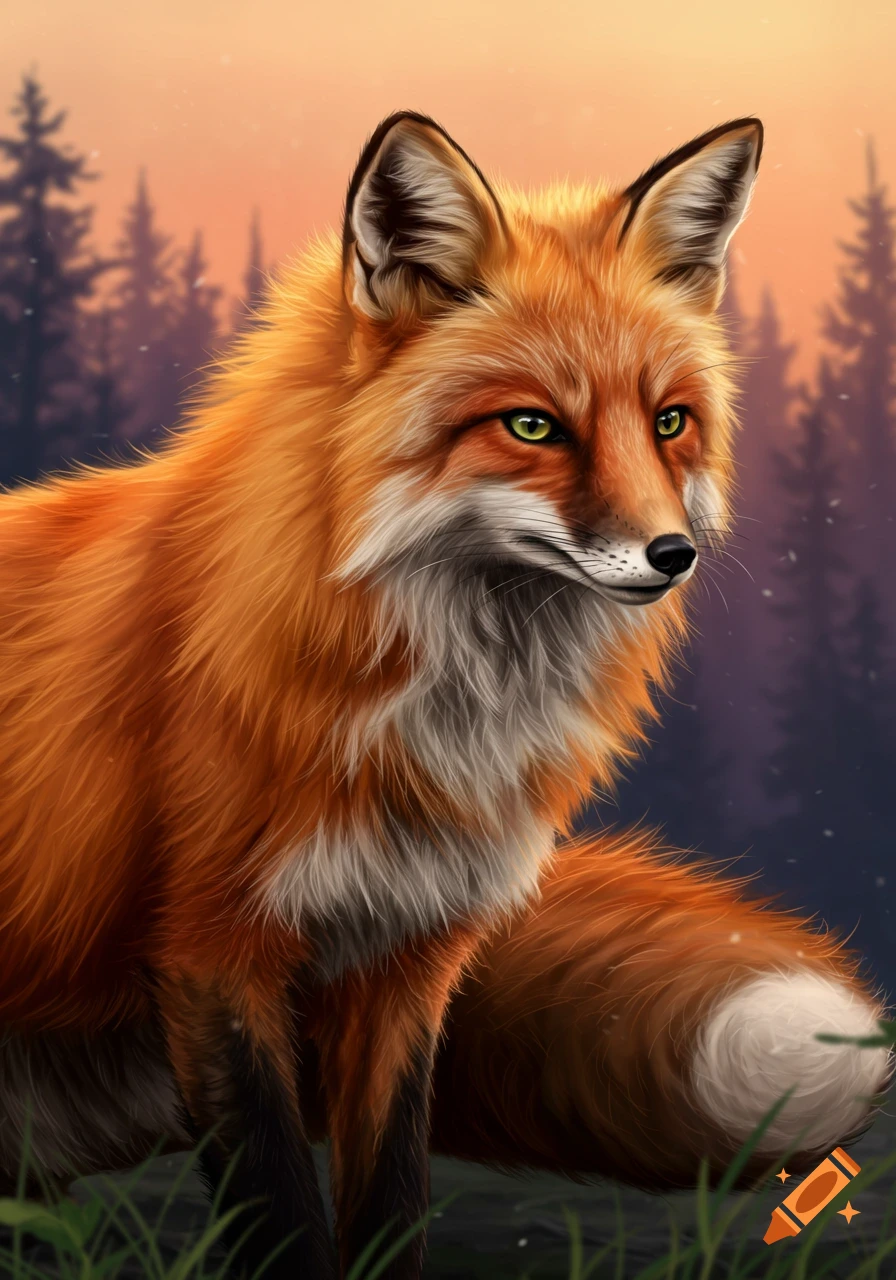 A fluffy red fox with green eyes in a forest at sunset.
