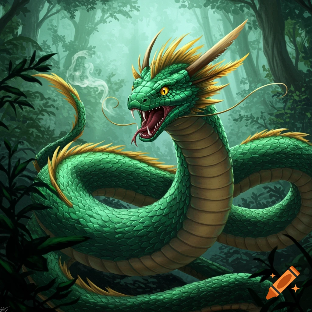 A green dragon snake with golden eyes and horns exhaling smoke in an enchanted forest.