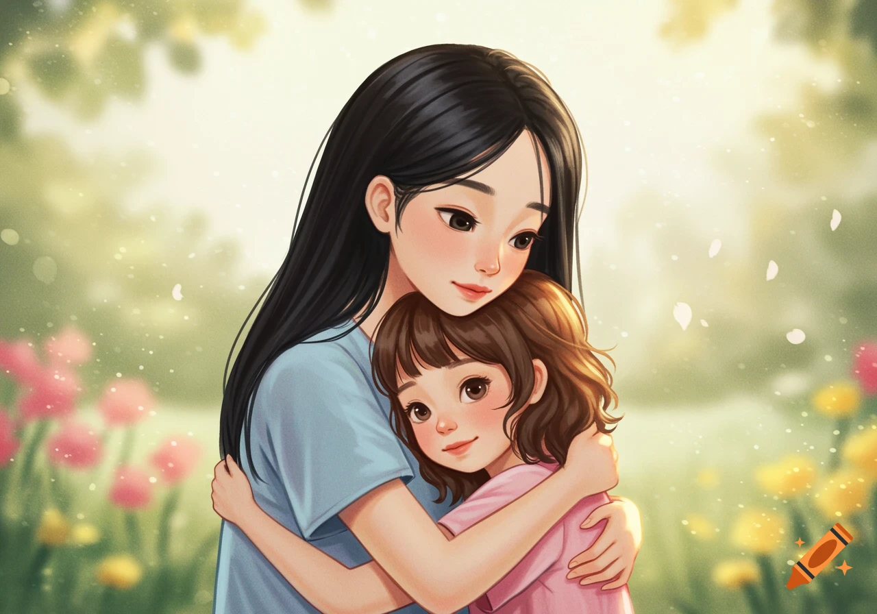An illustration of a longer-haired girl hugging a shorter-haired girl in a sunny, flowery field.