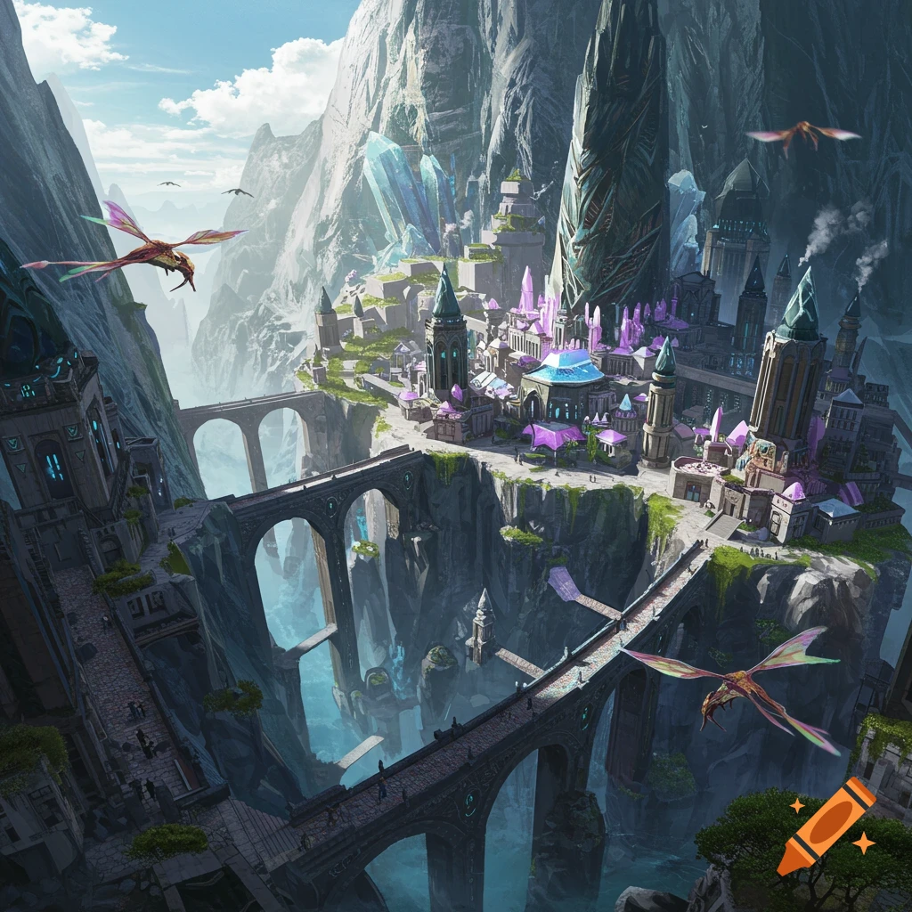 A sprawling fantasy city built into a mountain range with bridges, glowing crystals, and flying dragons.
