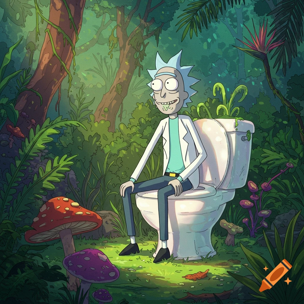 Rick Sanchez sits on a toilet in a lush forest with large mushrooms.