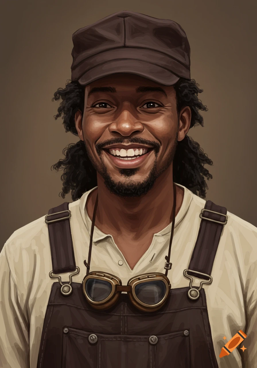 Smiling man in a brown cap and overalls with goggles around his neck.