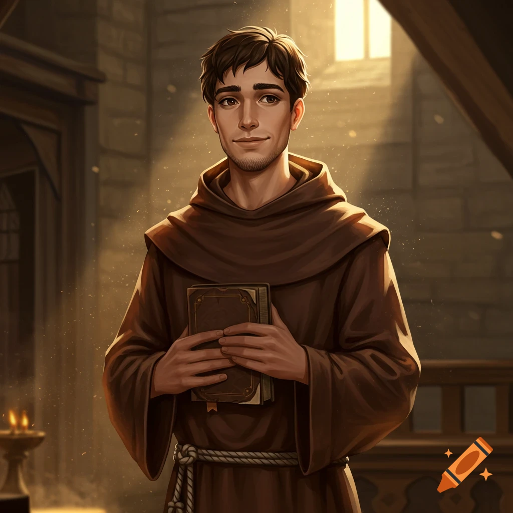 Young man in a monk's habit holding a book in a church interior, digital art style.