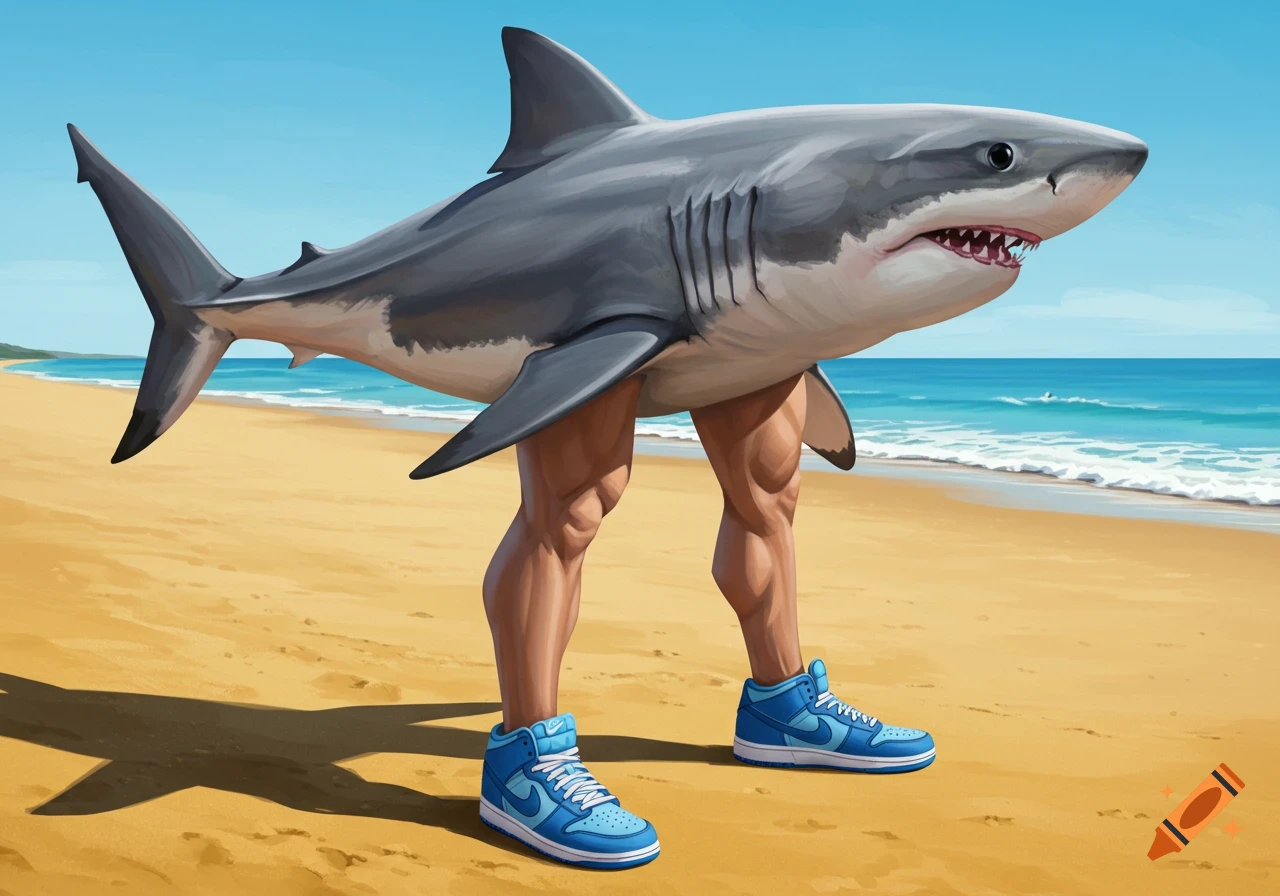 A shark standing on a beach with human legs wearing blue shoes.