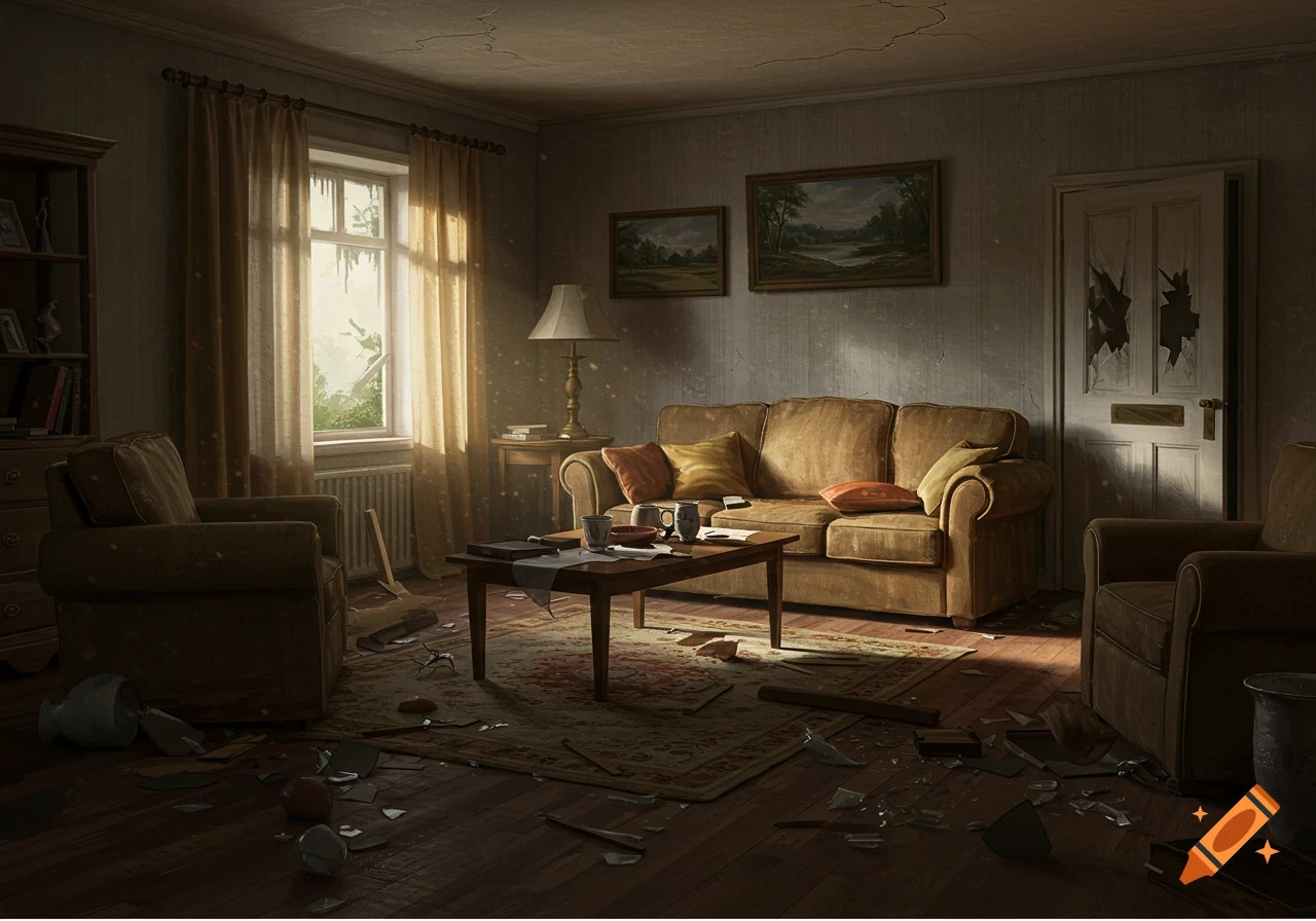 Digital painting of a ransacked living room with broken glass, furniture, and debris.