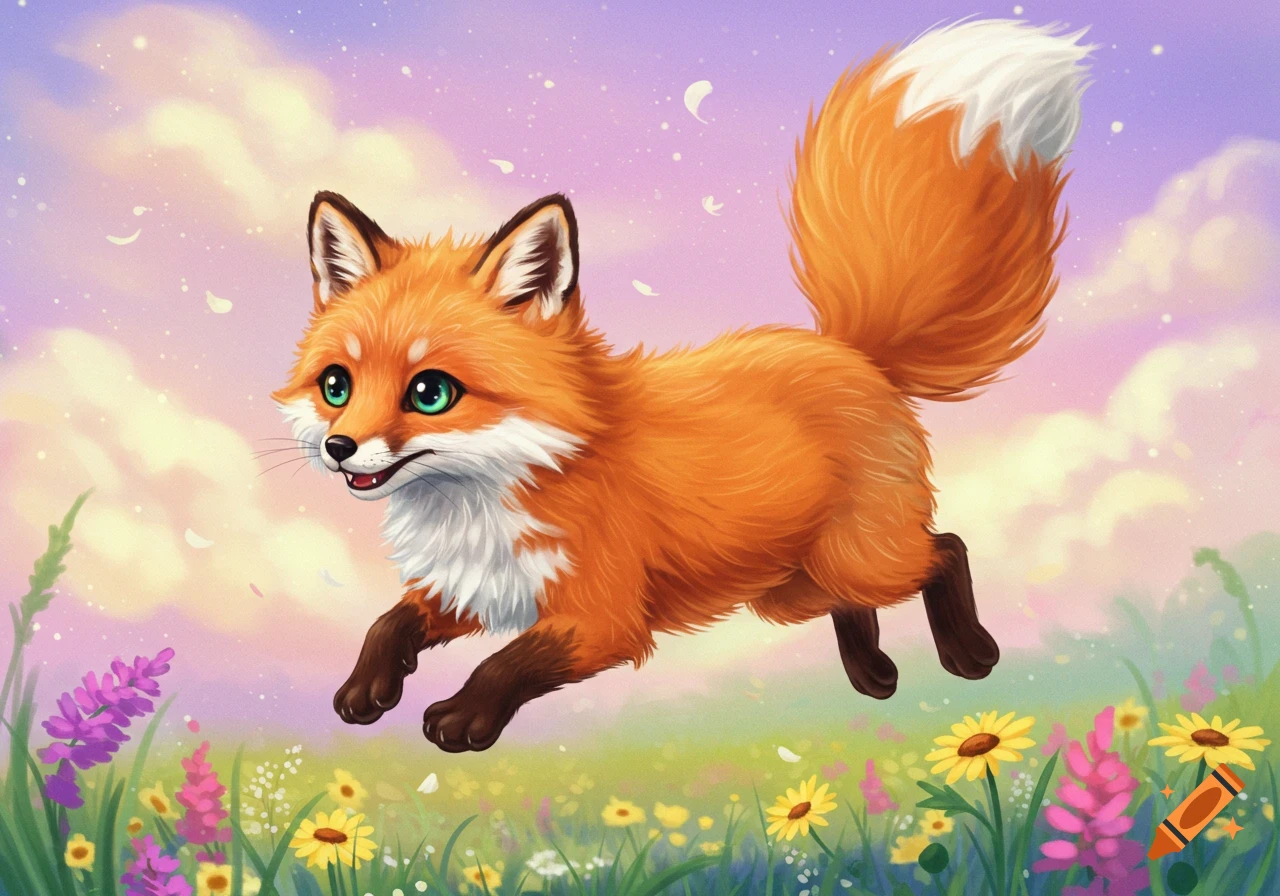 A cute orange fox jumps through a field of colorful flowers.